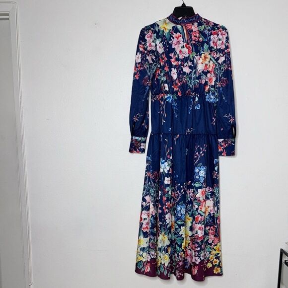 Dalia MacPhee Dress Large Black Pink Floral Button-Front Long Sleeve midi Size S - Picture 5 of 14